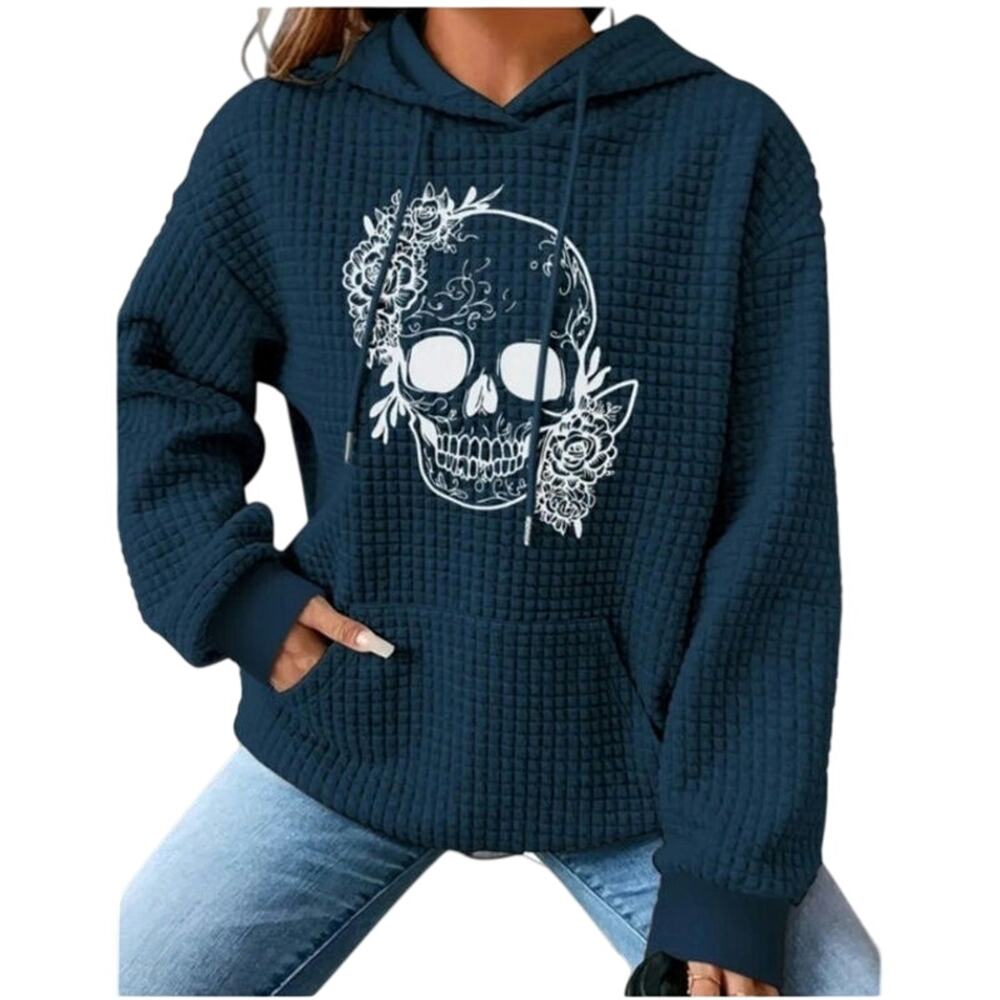 Skull Hoodie Blue Kangaroo Pocket Long Sleeve Women's Size XXL